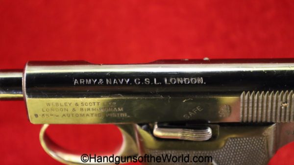 Webley & Scott, 1907, 6.35mm, Retailer Marked, Webley, model, 6.35, 25, .25, acp, auto, handgun, pistol, C&R, collectible, VP, Vest Pocket, British