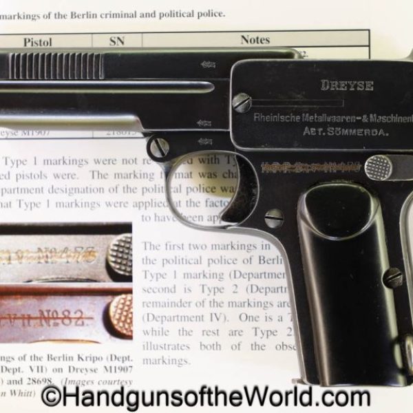 Dreyse, 1907, 7.65mm, Berlin Police, Reissue, with Provenance, Berlin, Police, handgun, pistol, C&R, collectible, pocket, 32, .32, acp, auto, 7.65, German