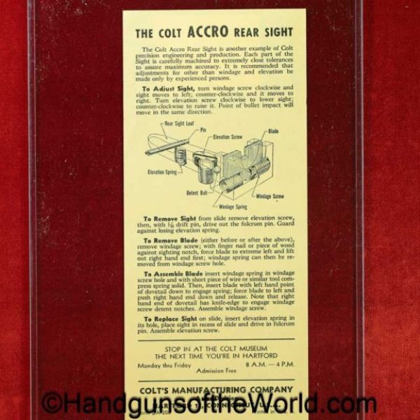 Colt, Accro Sight Insert, Original, Accro, Rear Sight, Insert, collectible, Americana, American, America, US, USA, handgun, hand gun, pistol, sheet