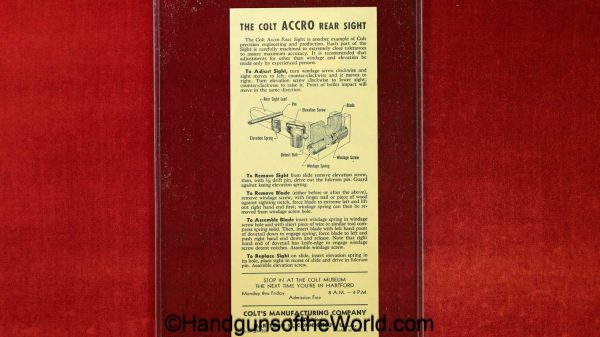 Colt, Accro Sight Insert, Original, Accro, Rear Sight, Insert, collectible, Americana, American, America, US, USA, handgun, hand gun, pistol, sheet
