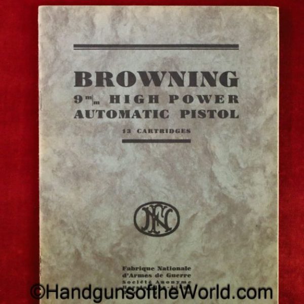 FN, Browning, High Power, Manual, Pre-War, Pre War, original, collectible, English, language, dated, March, 1935, Green Cover, Green, BHP, Hi Power