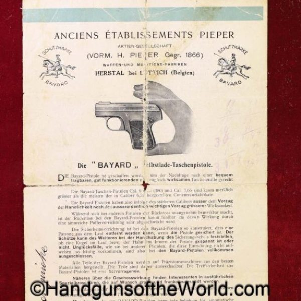Bayard, 1908, Pistol, Manual, original, collectible, German, Language, Germany, Belgian, Belgium, model, brochure, advertisement, ad, real, old, vintage