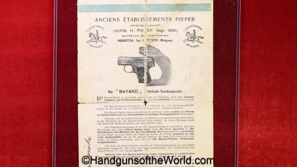 Bayard, 1908, Pistol, Manual, original, collectible, German, Language, Germany, Belgian, Belgium, model, brochure, advertisement, ad, real, old, vintage