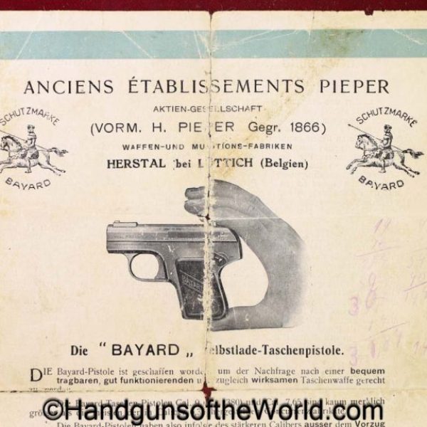 Bayard, 1908, Pistol, Manual, original, collectible, German, Language, Germany, Belgian, Belgium, model, brochure, advertisement, ad, real, old, vintage