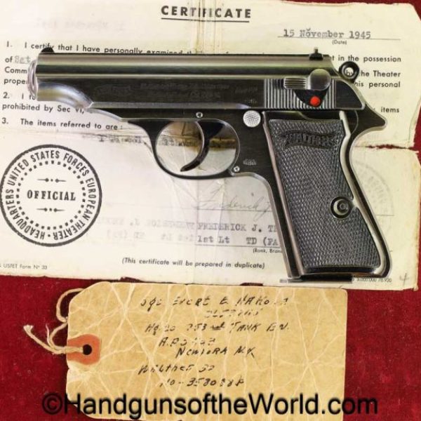 Walther, PP, 7.65mm, German, WWII, with Capture Paper, handgun, pistol, C&R, collectible, Germany, WW2, 7.65, 32, .32, acp, auto, pocket, model