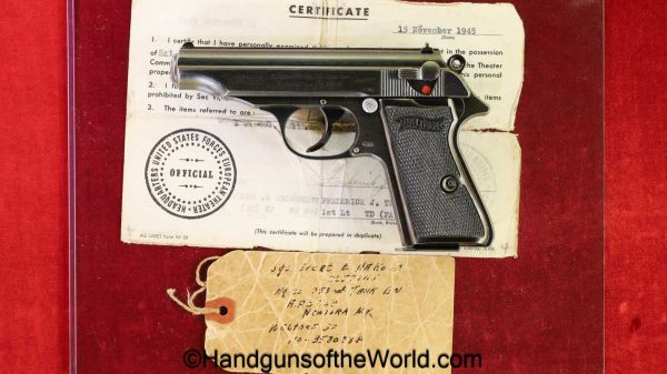 Walther, PP, 7.65mm, German, WWII, with Capture Paper, handgun, pistol, C&R, collectible, Germany, WW2, 7.65, 32, .32, acp, auto, pocket, model