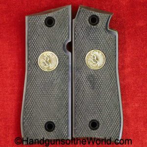 Colt, Government .380, Grips, Government, 380, .380, acp, auto, handgun, pistol, original, collectible, black, plastic, with silver Colt medallions