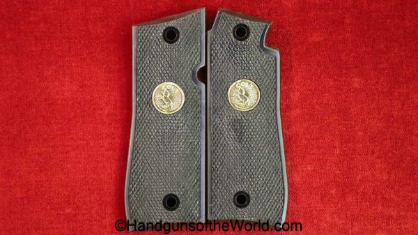 Colt, Government .380, Grips, Government, 380, .380, acp, auto, handgun, pistol, original, collectible, black, plastic, with silver Colt medallions