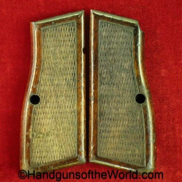 Browning, FN, High Power, Grips, Original, Pistol, Grip, Checkered walnut, red, paint, post war, Post-War, Walnut, Wood, Wooden, collectible, set, pair 