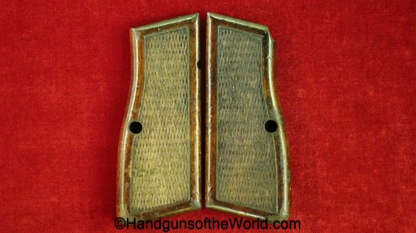 Browning, FN, High Power, Grips, Original, Pistol, Grip, Checkered walnut, red, paint, post war, Post-War, Walnut, Wood, Wooden, collectible, set, pair