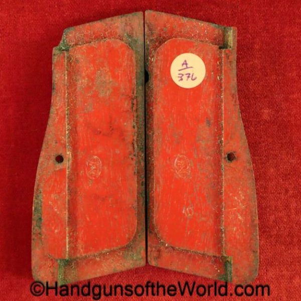 Browning, FN, High Power, Grips, Original, Pistol, Grip, Checkered walnut, red, paint, post war, Post-War, Walnut, Wood, Wooden, collectible, set, pair 