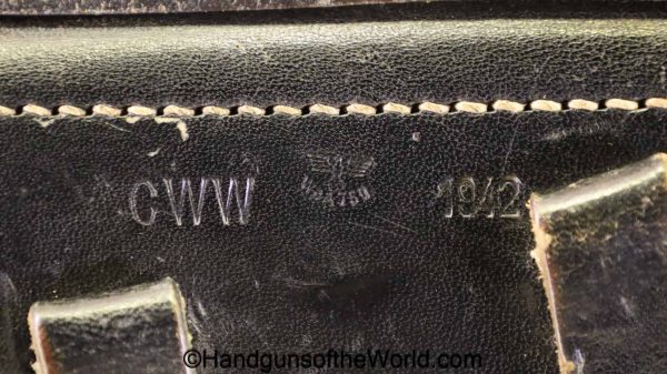 Luger, P.08, Holster, German, WWII, Dated, 1942, original, collectible, WW2, Germany, Black, Leather, Hardshell, CWW, 1942, WaA750, P08, P-08, P 08