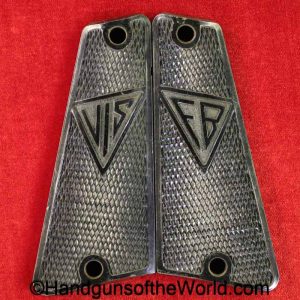 Radom, VIS, P-35, Grips, early, black, Bakelite, small grip screw, original, collectible, German, Germany, WWII, WW2, P35, P.35, P 35, pair, set, grip