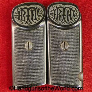Dreyse, 1907, Grips, hard rubber, center grip screw, rubber, black, original, collectible, German, Germany, model, handgun, pistol, pair, set, grip
