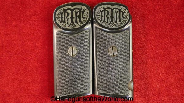Dreyse, 1907, Grips, hard rubber, center grip screw, rubber, black, original, collectible, German, Germany, model, handgun, pistol, pair, set, grip