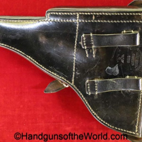 Luger, P.08, Holster, German, WWII, Dated, 1938, Black, Leather, Hardshell, Lederwarenwerk-Curt Vogel-Cottbus, WaA94, original, collectible, WW2, Germany