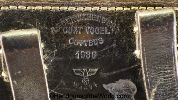 Luger, P.08, Holster, German, WWII, Dated, 1938, Black, Leather, Hardshell, Lederwarenwerk-Curt Vogel-Cottbus, WaA94, original, collectible, WW2, Germany